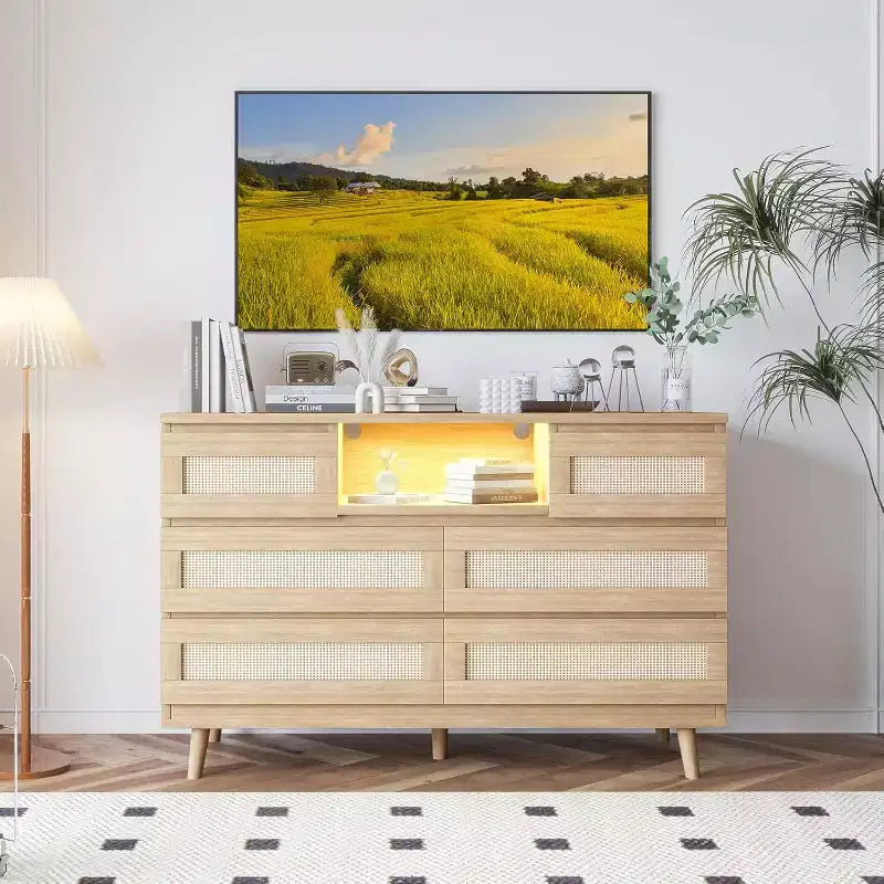 Cómoda moderna de ratán con LED y estación de carga, cómoda de madera con 6 cajones, mueble para TV para armario