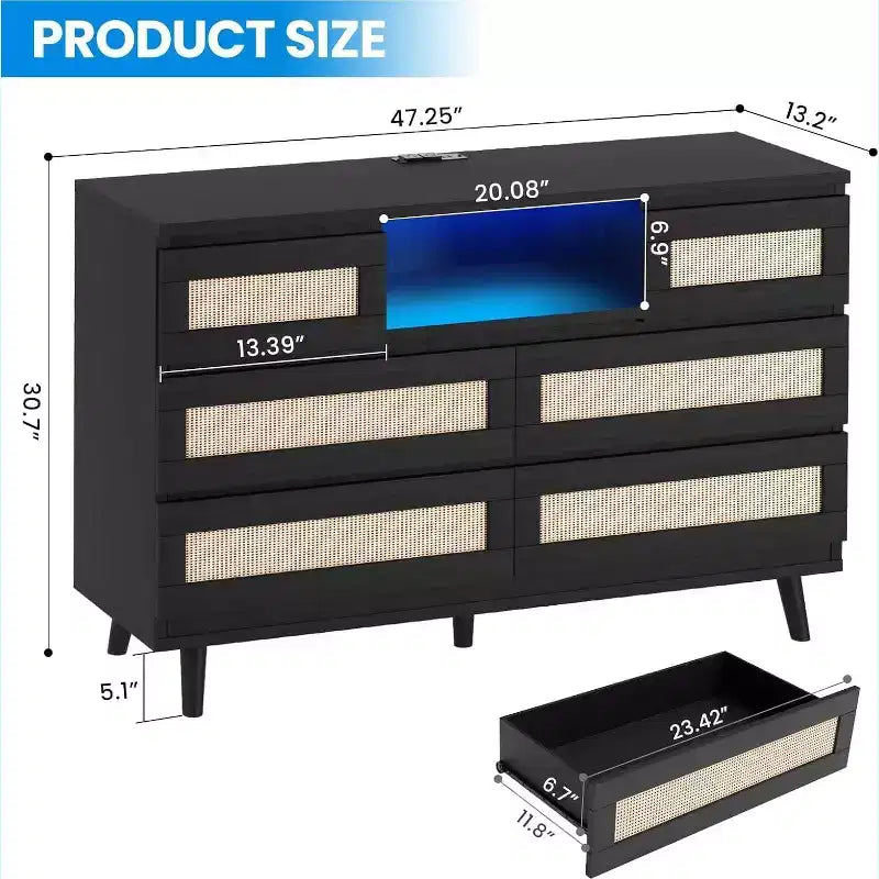 Moderne Rattan-Kommode mit LED-Beleuchtung und Ladestation, Holzkommode mit 6 Schubladen, TV-Ständer für den Kleiderschrank