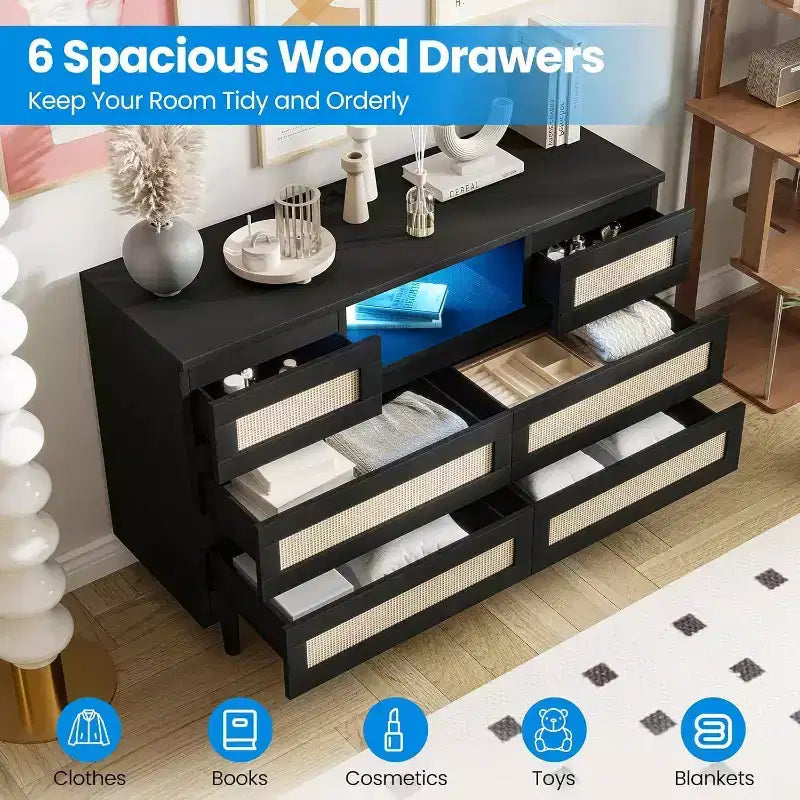 Cómoda moderna de ratán con LED y estación de carga, cómoda de madera con 6 cajones, mueble para TV para armario