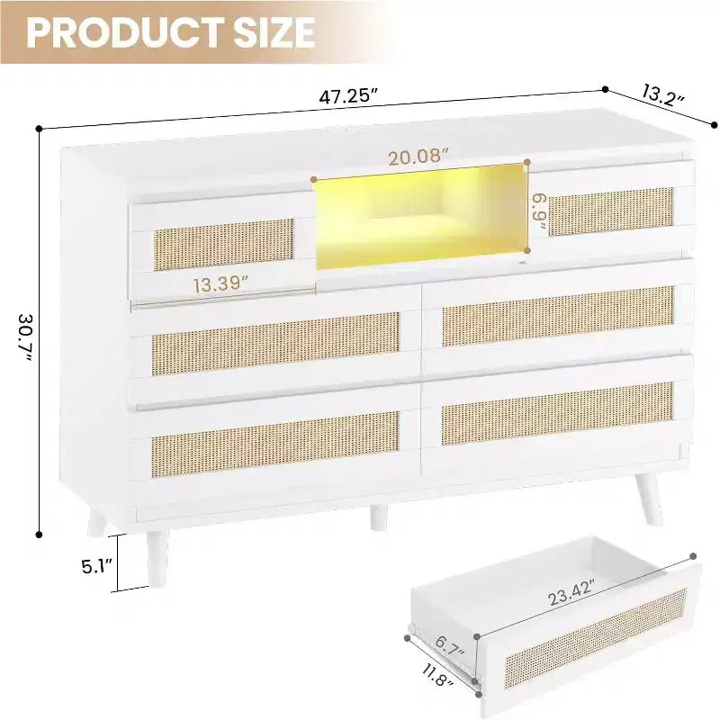 Cómoda moderna de ratán con LED y estación de carga, cómoda de madera con 6 cajones, mueble para TV para armario