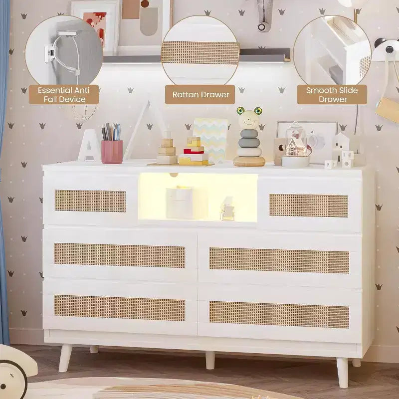 Cómoda moderna de ratán con LED y estación de carga, cómoda de madera con 6 cajones, mueble para TV para armario