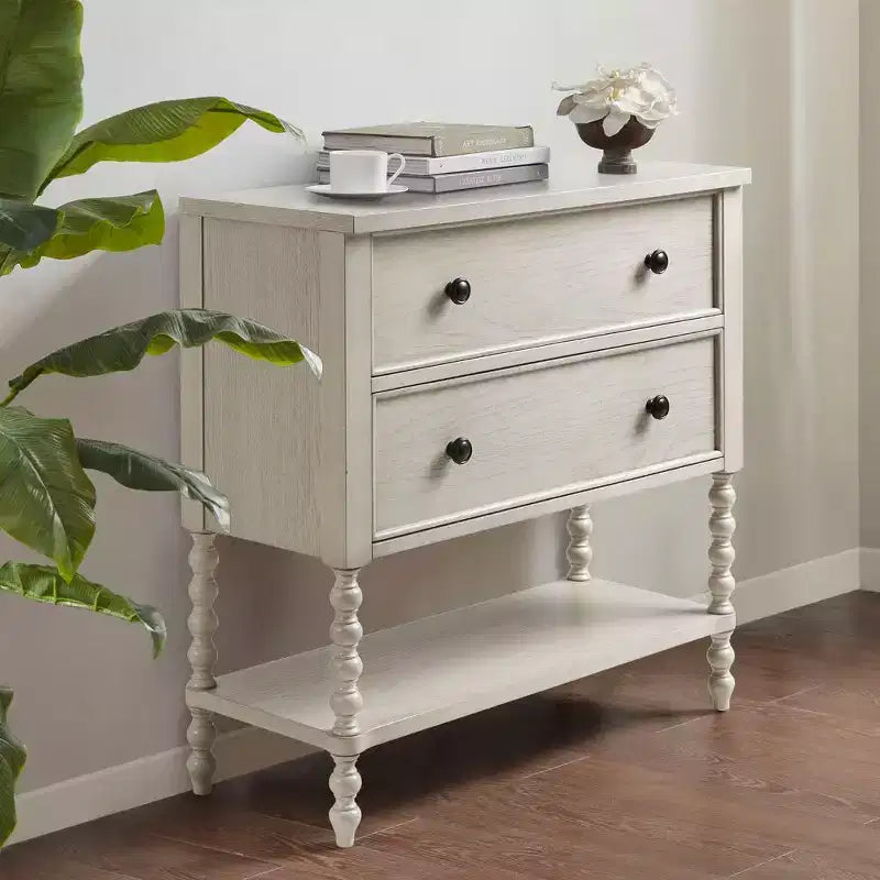 Mesa auxiliar estilo granja de madera maciza con 2 cajones y estante, para dormitorio y sala de estar