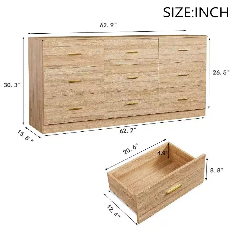 Commode moderne à 8/9 tiroirs avec poignées dorées, large meuble de rangement pour chambre ou salon