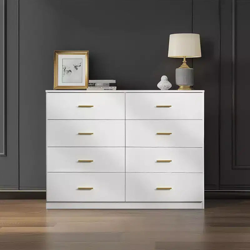Commode moderne à 8/9 tiroirs avec poignées dorées, large meuble de rangement pour chambre ou salon
