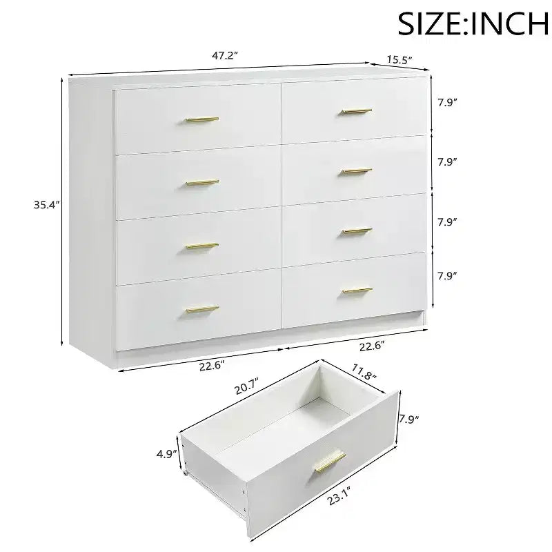 Commode moderne à 8/9 tiroirs avec poignées dorées, large meuble de rangement pour chambre ou salon