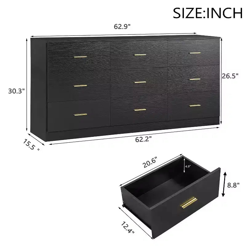Commode moderne à 8/9 tiroirs avec poignées dorées, large meuble de rangement pour chambre ou salon