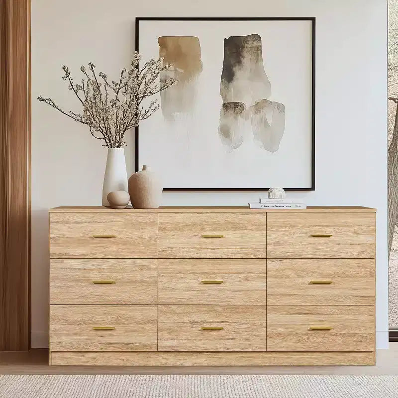 Commode moderne à 8/9 tiroirs avec poignées dorées, large meuble de rangement pour chambre ou salon