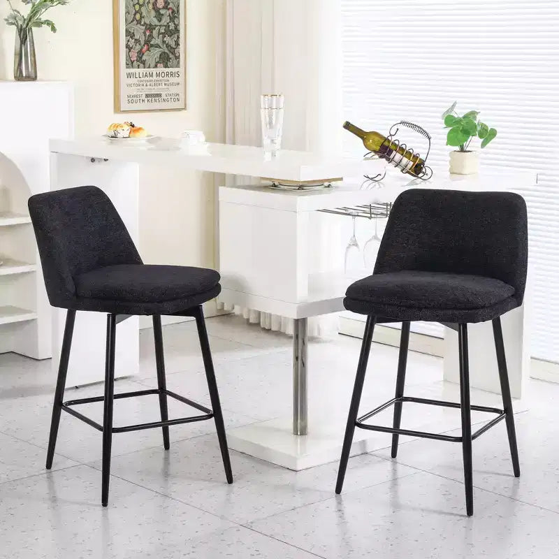 Lot de 2 tabourets de bar pivotants à hauteur de comptoir, rotation à 360, assise rembourrée de 25.6in de hauteur, tissu de lin noir, pour îlot de cuisine ou bar de pub