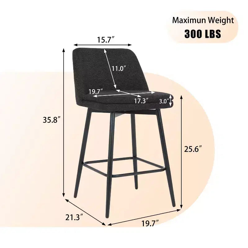 Lot de 2 tabourets de bar pivotants à hauteur de comptoir, rotation à 360, assise rembourrée de 25.6in de hauteur, tissu de lin noir, pour îlot de cuisine ou bar de pub