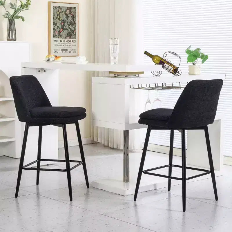 Lot de 2 tabourets de bar pivotants à hauteur de comptoir, rotation à 360, assise rembourrée de 25.6in de hauteur, tissu de lin noir, pour îlot de cuisine ou bar de pub