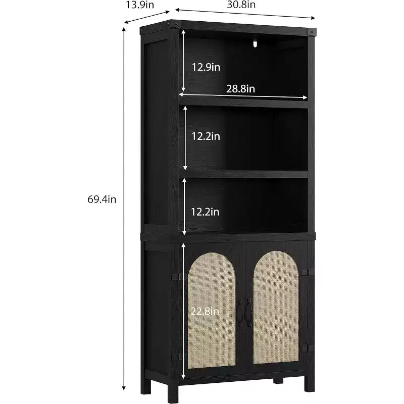 Estantería de estilo rústico de 70 con puertas de ratán, 3 niveles de estantes abiertos y armario, librería de madera negra para sala de estar, oficina y dormitorio