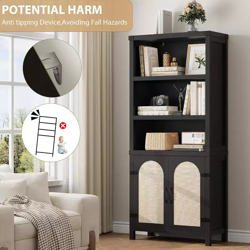 Estantería de estilo rústico de 70 con puertas de ratán, 3 niveles de estantes abiertos y armario, librería de madera negra para sala de estar, oficina y dormitorio