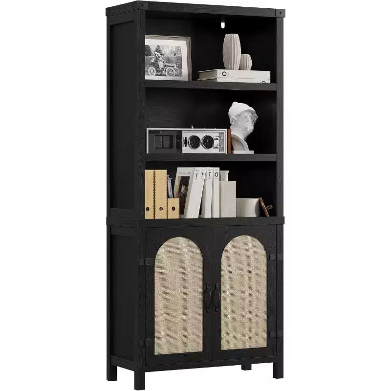 Estantería de estilo rústico de 70 con puertas de ratán, 3 niveles de estantes abiertos y armario, librería de madera negra para sala de estar, oficina y dormitorio
