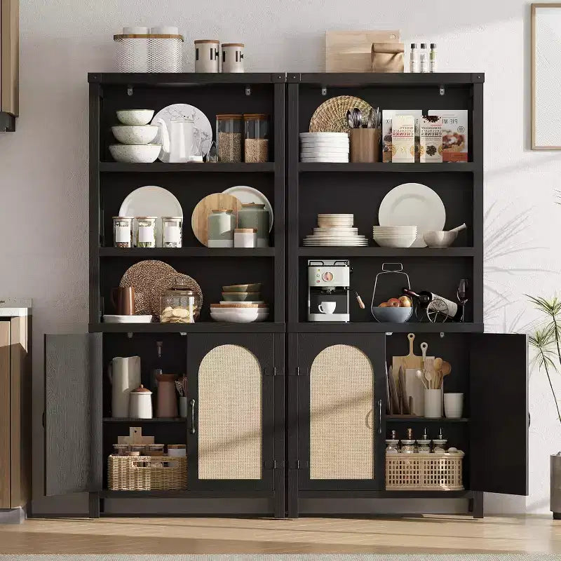 Estantería de estilo rústico de 70 con puertas de ratán, 3 niveles de estantes abiertos y armario, librería de madera negra para sala de estar, oficina y dormitorio