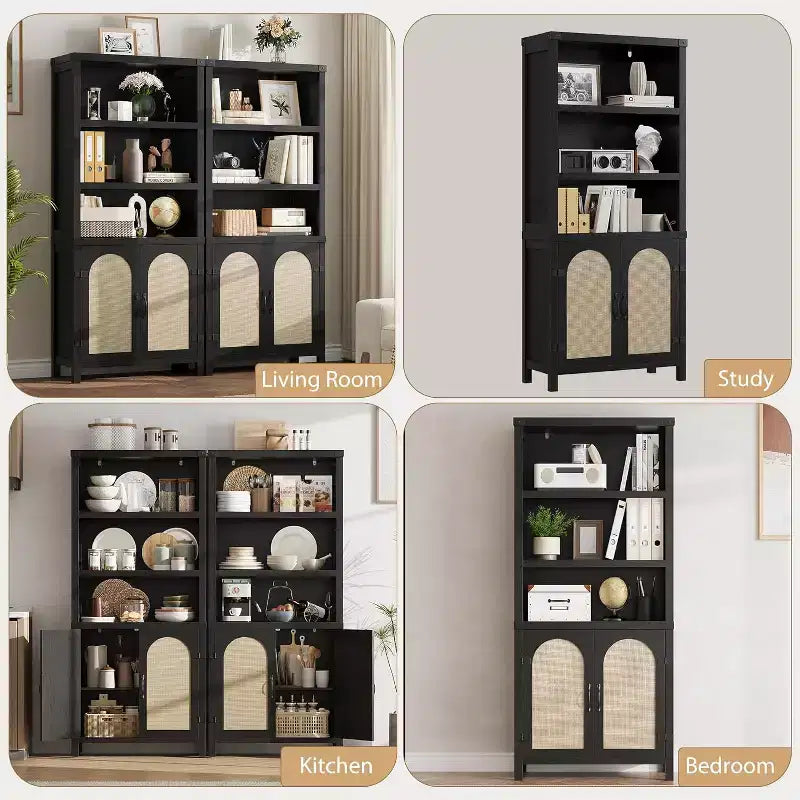 Estantería de estilo rústico de 70 con puertas de ratán, 3 niveles de estantes abiertos y armario, librería de madera negra para sala de estar, oficina y dormitorio