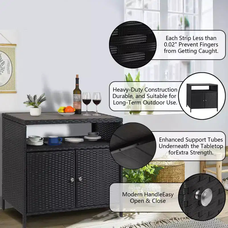 Table de bar d’extérieur pour patio avec rangement en résine tressée à 2 portes et étagère, acier thermolaqué, résine tressée tous temps, pour patio, piscine, jardin et cuisine
