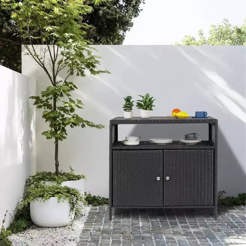 Table de bar d’extérieur pour patio avec rangement en résine tressée à 2 portes et étagère, acier thermolaqué, résine tressée tous temps, pour patio, piscine, jardin et cuisine