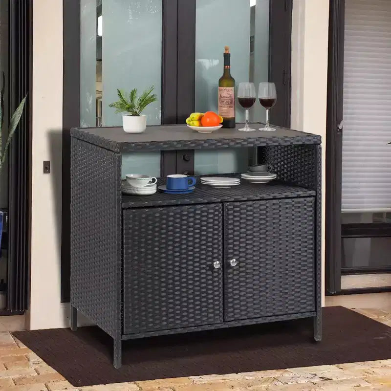Table de bar d’extérieur pour patio avec rangement en résine tressée à 2 portes et étagère, acier thermolaqué, résine tressée tous temps, pour patio, piscine, jardin et cuisine