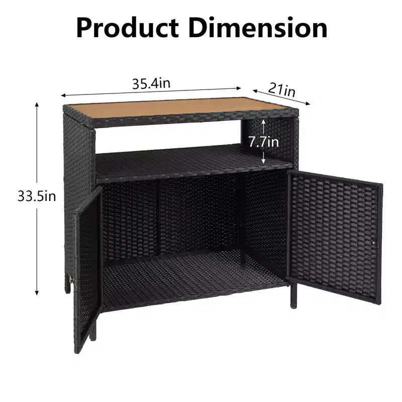 Table de bar d’extérieur pour patio avec rangement en résine tressée à 2 portes et étagère, acier thermolaqué, résine tressée tous temps, pour patio, piscine, jardin et cuisine