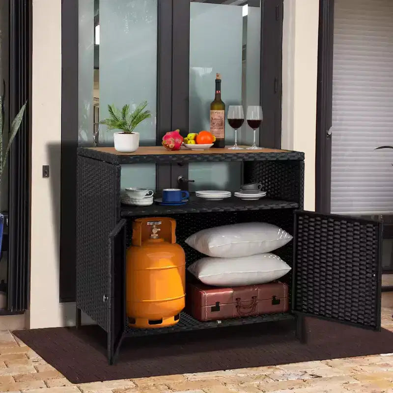 Table de bar d’extérieur pour patio avec rangement en résine tressée à 2 portes et étagère, acier thermolaqué, résine tressée tous temps, pour patio, piscine, jardin et cuisine