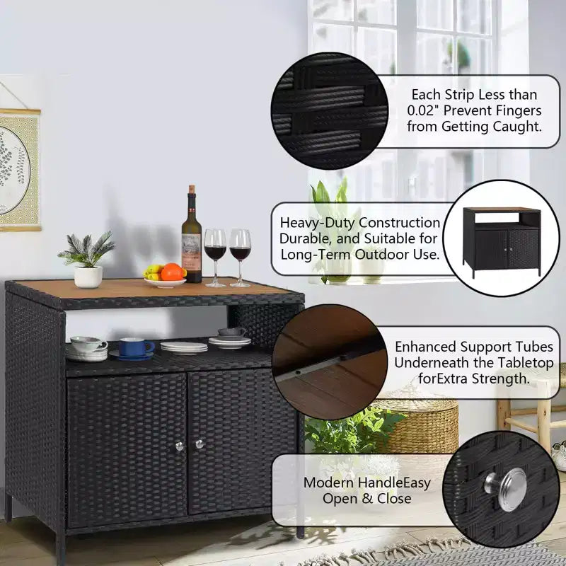Table de bar d’extérieur pour patio avec rangement en résine tressée à 2 portes et étagère, acier thermolaqué, résine tressée tous temps, pour patio, piscine, jardin et cuisine