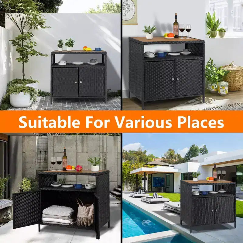 Table de bar d’extérieur pour patio avec rangement en résine tressée à 2 portes et étagère, acier thermolaqué, résine tressée tous temps, pour patio, piscine, jardin et cuisine