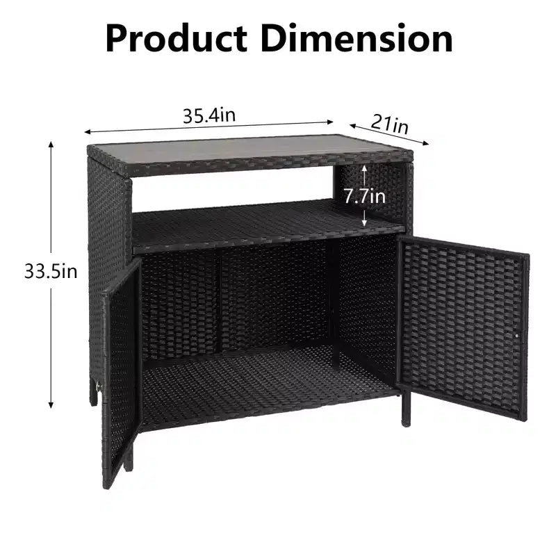 Table de bar d’extérieur pour patio avec rangement en résine tressée à 2 portes et étagère, acier thermolaqué, résine tressée tous temps, pour patio, piscine, jardin et cuisine