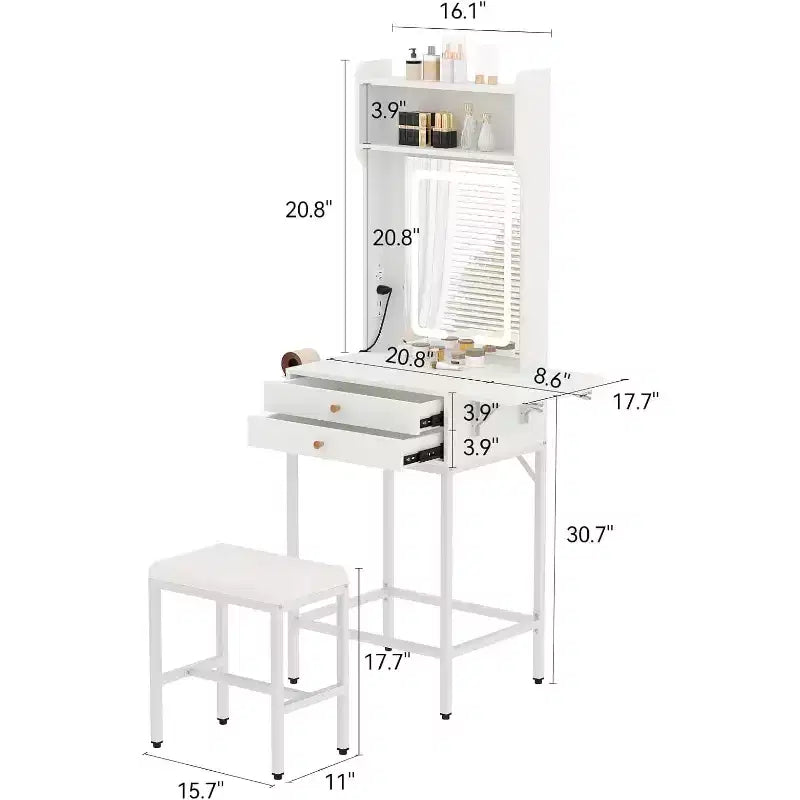 Juego pequeño de tocador con espejo, tocador de maquillaje mini con iluminación ajustable, 2 cajones y soporte para secador de pelo, para dormitorios pequeños y apartamentos