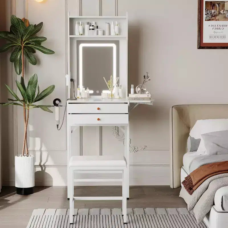 Juego pequeño de tocador con espejo, tocador de maquillaje mini con iluminación ajustable, 2 cajones y soporte para secador de pelo, para dormitorios pequeños y apartamentos