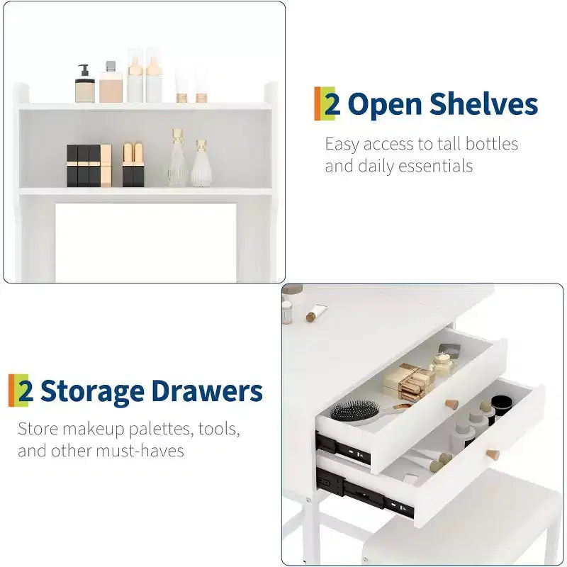 Kleiner Schminktisch mit Spiegel, Mini-Schminktisch mit einstellbarer Beleuchtung, 2 Schubladen und Föhnhalter für kleine Schlafzimmer und Apartments