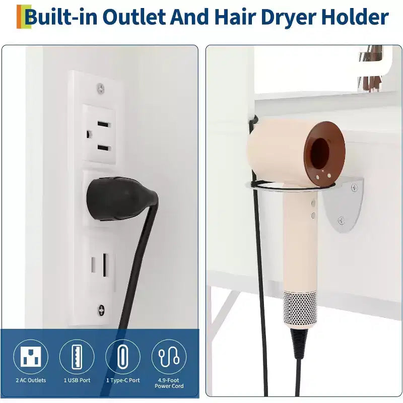 Juego pequeño de tocador con espejo, tocador de maquillaje mini con iluminación ajustable, 2 cajones y soporte para secador de pelo, para dormitorios pequeños y apartamentos