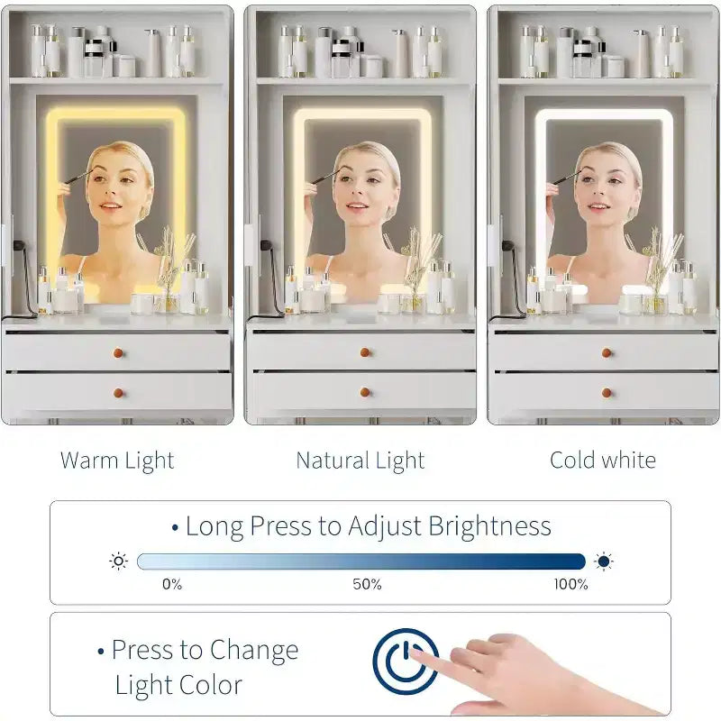 Juego pequeño de tocador con espejo, tocador de maquillaje mini con iluminación ajustable, 2 cajones y soporte para secador de pelo, para dormitorios pequeños y apartamentos