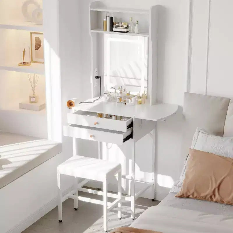 Kleiner Schminktisch mit Spiegel, Mini-Schminktisch mit einstellbarer Beleuchtung, 2 Schubladen und Föhnhalter für kleine Schlafzimmer und Apartments
