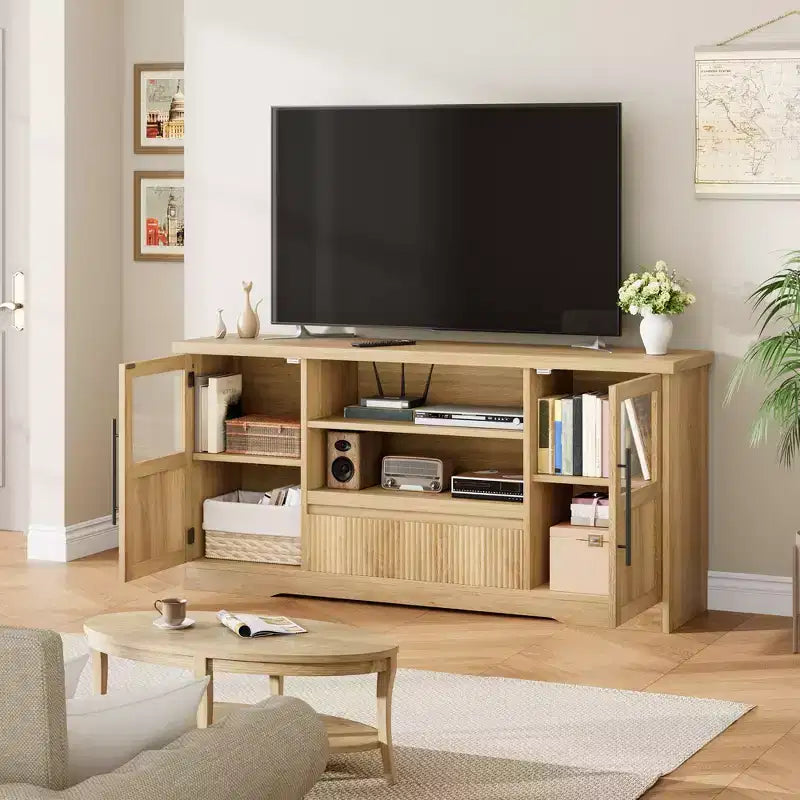 TV-Ständer für Fernseher bis zu 72', Entertainment-Center mit Wellenmuster und 2 Schränken mit Glastüren, TV-Mediakonsole mit 2 offenen Fächern (Natur)