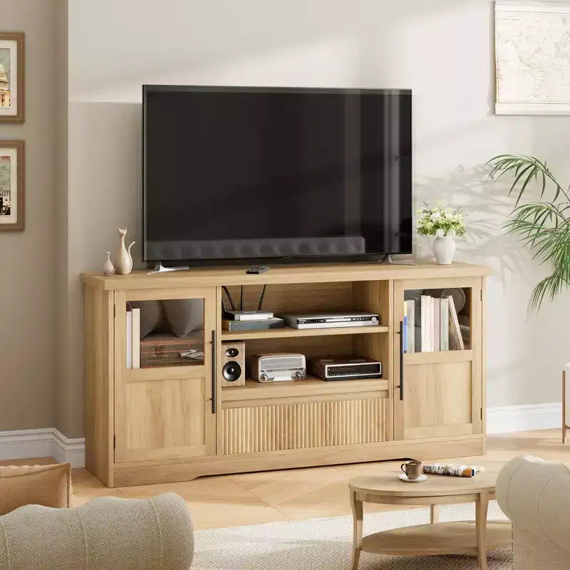Mueble de TV para televisores de hasta 72', centro de entretenimiento con diseño ondulado, 2 armarios con puertas de vidrio y consola multimedia con 2 puertas abiertas (natural)