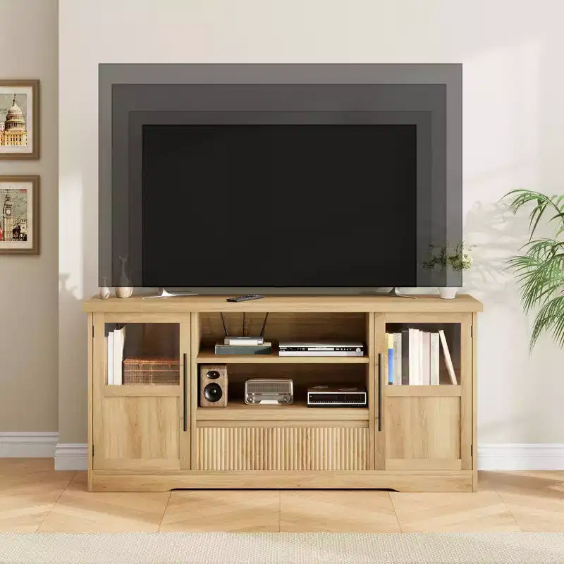 TV-Ständer für Fernseher bis zu 72', Entertainment-Center mit Wellenmuster und 2 Schränken mit Glastüren, TV-Mediakonsole mit 2 offenen Fächern (Natur)