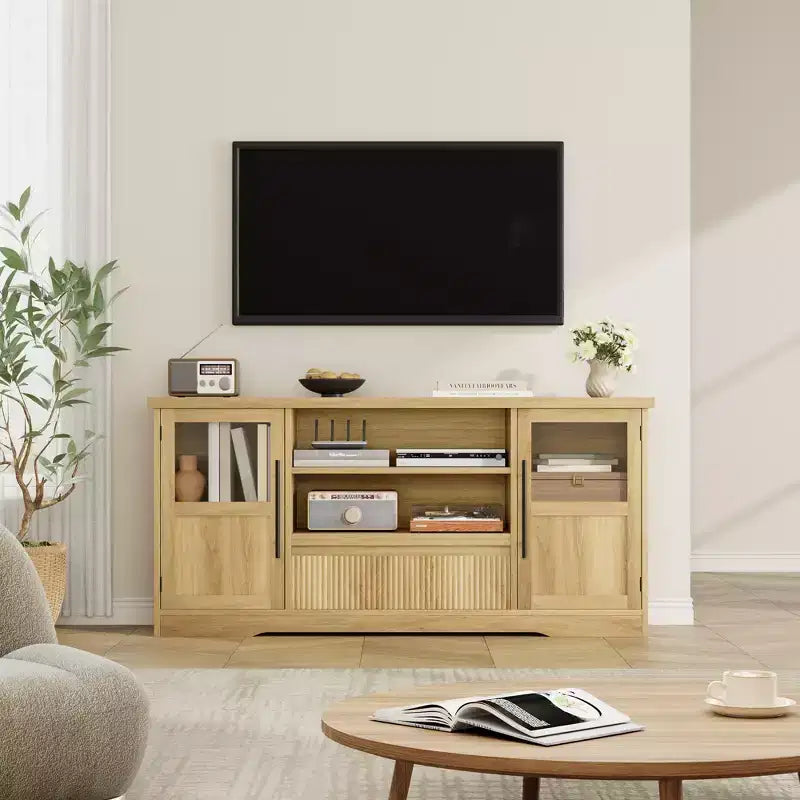 Mueble de TV para televisores de hasta 72', centro de entretenimiento con diseño ondulado, 2 armarios con puertas de vidrio y consola multimedia con 2 puertas abiertas (natural)