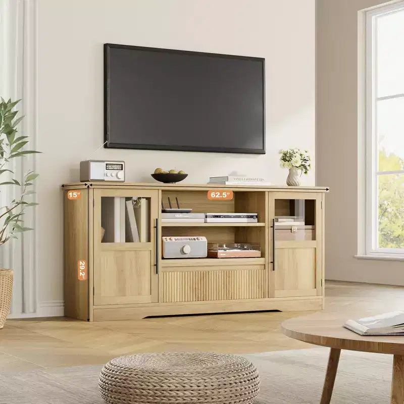 Mueble de TV para televisores de hasta 72', centro de entretenimiento con diseño ondulado, 2 armarios con puertas de vidrio y consola multimedia con 2 puertas abiertas (natural)