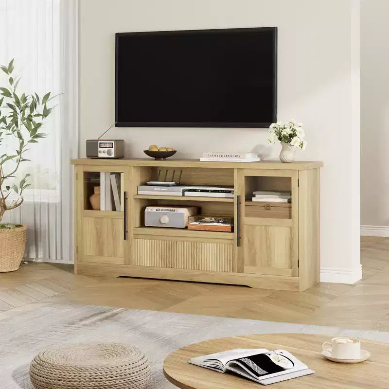 Mueble de TV para televisores de hasta 72', centro de entretenimiento con diseño ondulado, 2 armarios con puertas de vidrio y consola multimedia con 2 puertas abiertas (natural)