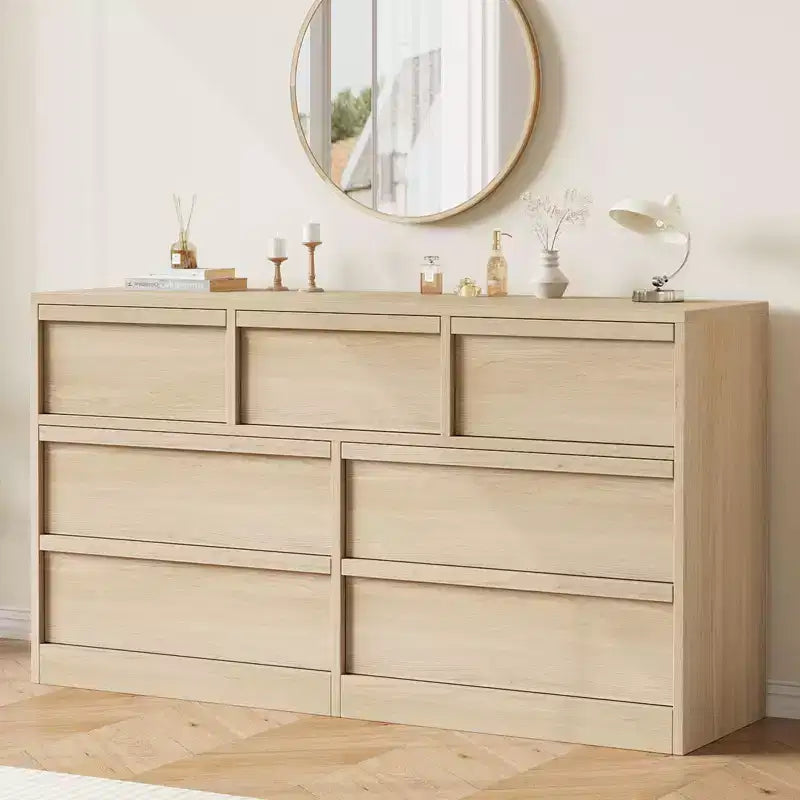 Kommode mit 7 Schubladen fürs Schlafzimmer, moderner Doppel-Schubladenschrank mit 7 geräumigen Schubladen, Kommode aus Holz für Schlafzimmer, Wohnzimmer und Kinderzimmer