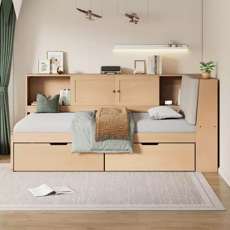 Lit de jour en bois en L avec tête de lit rembourrée et rangement, ports de recharge USB et bibliothèque de rangement