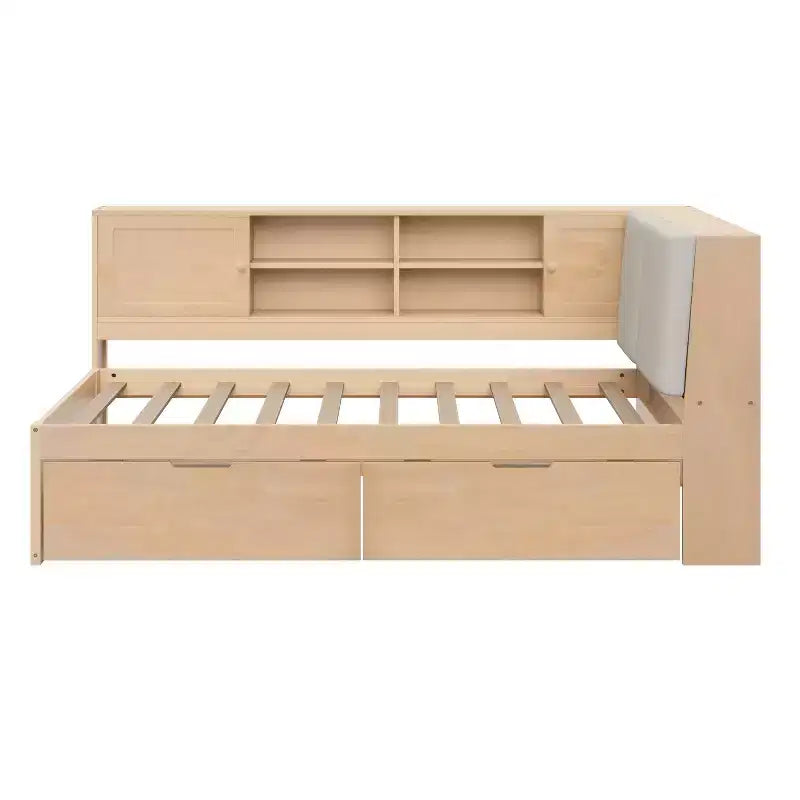 Lit de jour en bois en L avec tête de lit rembourrée et rangement, ports de recharge USB et bibliothèque de rangement