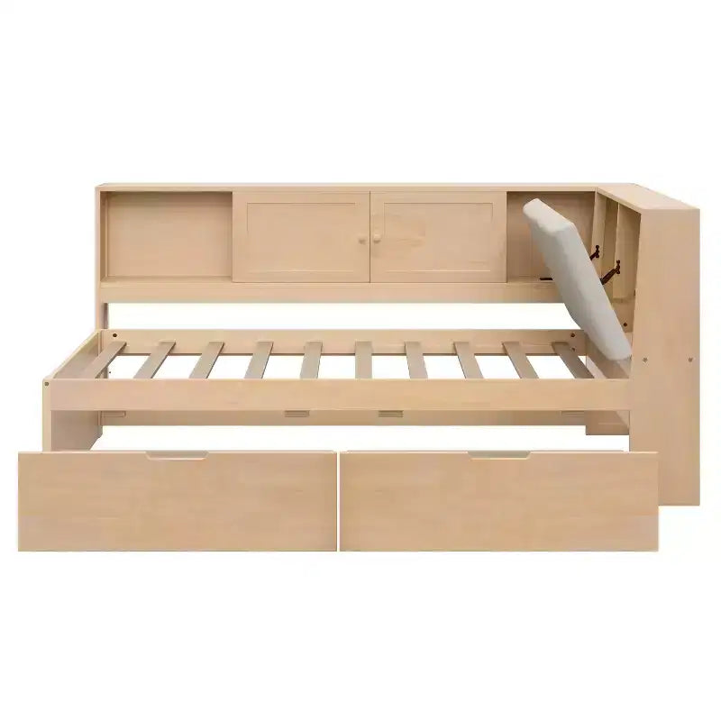 Lit de jour en bois en L avec tête de lit rembourrée et rangement, ports de recharge USB et bibliothèque de rangement