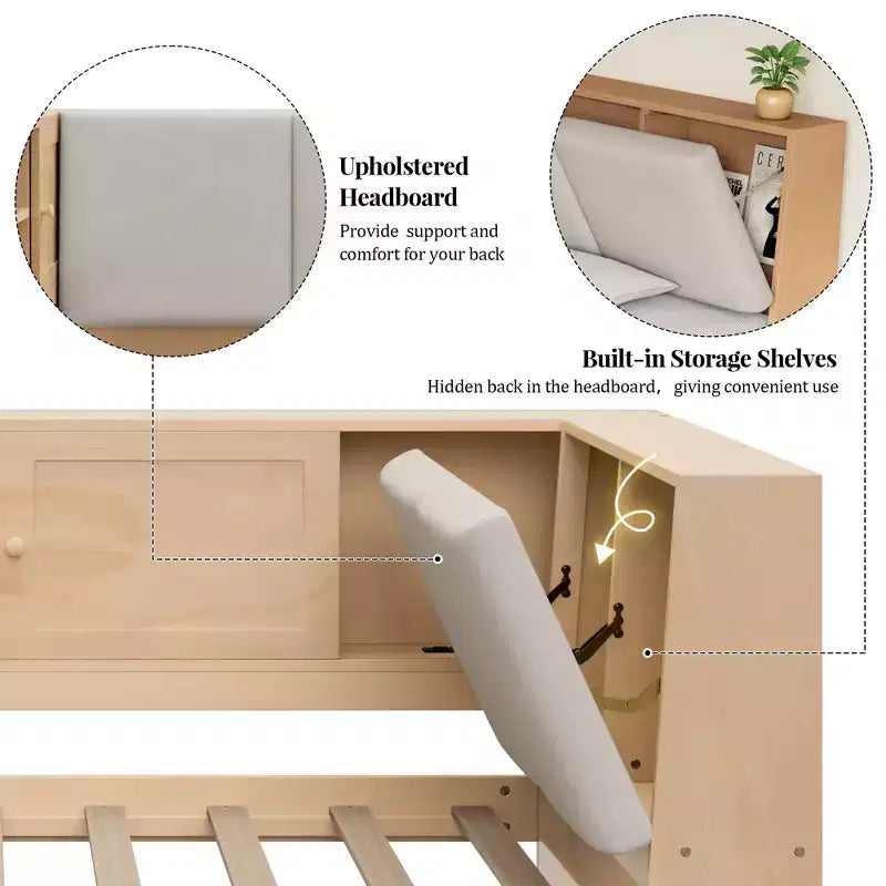 Lit de jour en bois en L avec tête de lit rembourrée et rangement, ports de recharge USB et bibliothèque de rangement