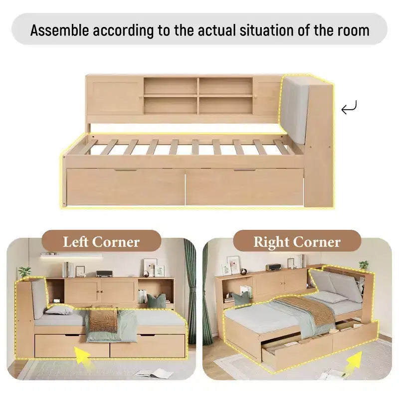 Lit de jour en bois en L avec tête de lit rembourrée et rangement, ports de recharge USB et bibliothèque de rangement