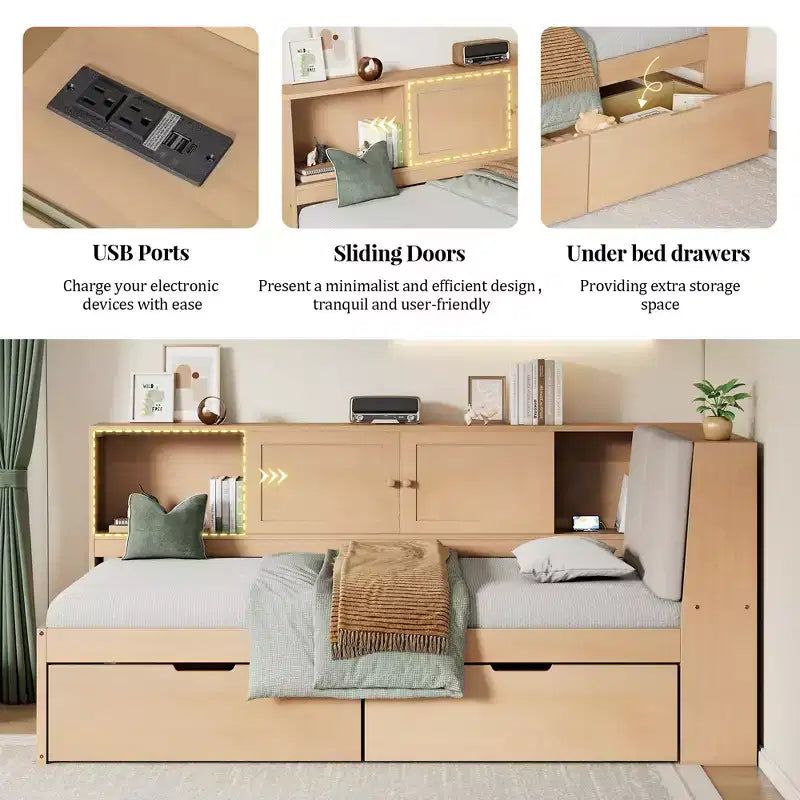 Lit de jour en bois en L avec tête de lit rembourrée et rangement, ports de recharge USB et bibliothèque de rangement