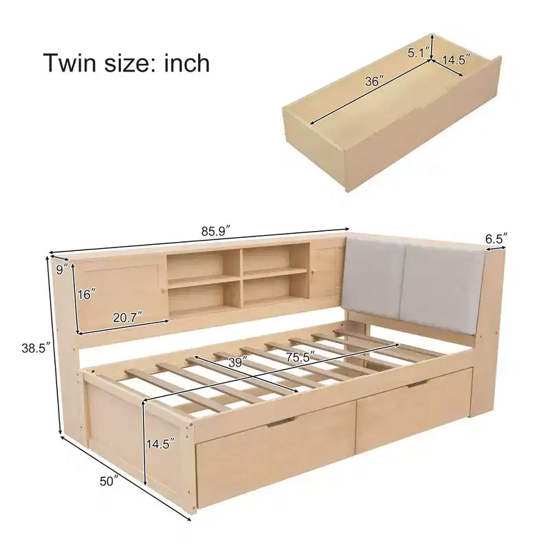 Lit de jour en bois en L avec tête de lit rembourrée et rangement, ports de recharge USB et bibliothèque de rangement