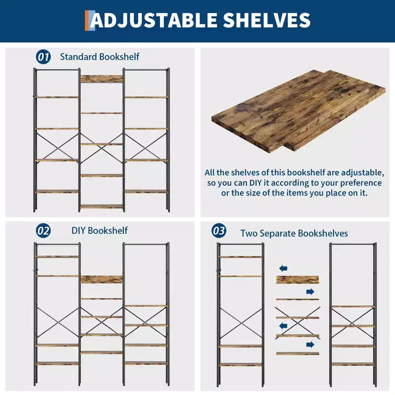 Industrielles Bücherregal mit 5 Ebenen - verstellbare Holzböden und robuster Metallrahmen, Tragkraft 100Lbs, breiter Aufbewahrungsorganizer
