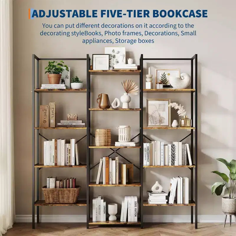 Industrielles Bücherregal mit 5 Ebenen - verstellbare Holzböden und robuster Metallrahmen, Tragkraft 100Lbs, breiter Aufbewahrungsorganizer