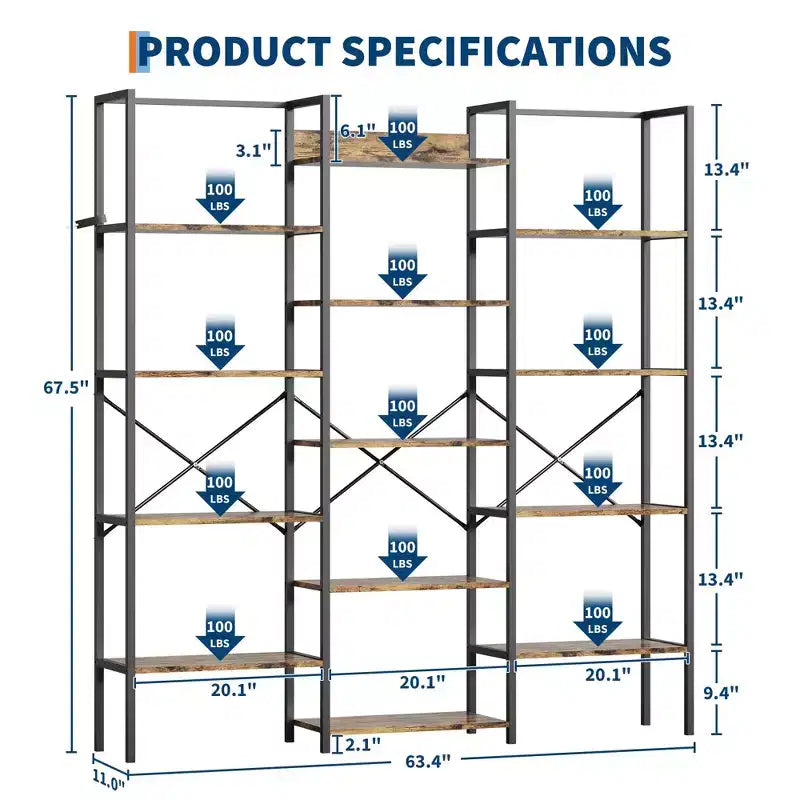 Industrielles Bücherregal mit 5 Ebenen - verstellbare Holzböden und robuster Metallrahmen, Tragkraft 100Lbs, breiter Aufbewahrungsorganizer